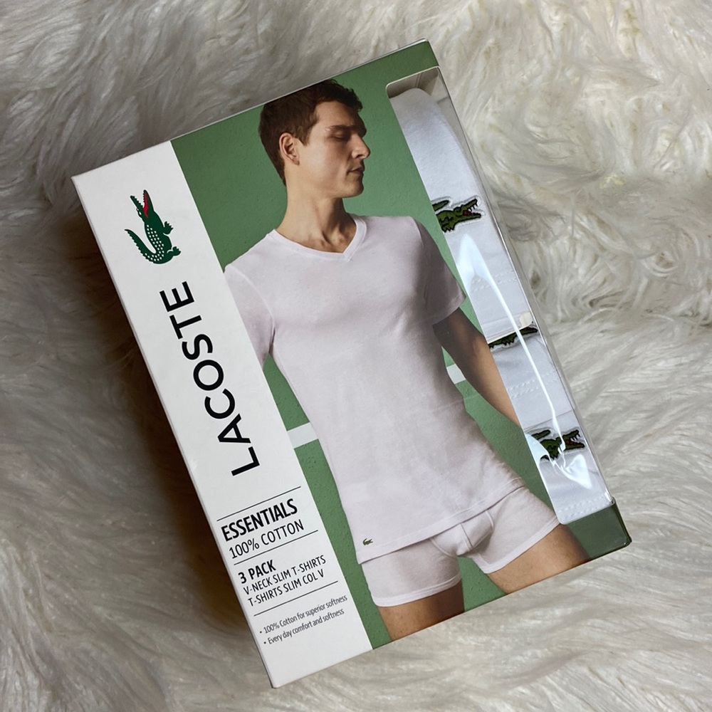 NEW Lacoste 3 Pack White V Neck Slim T Shirts - 100% cotto